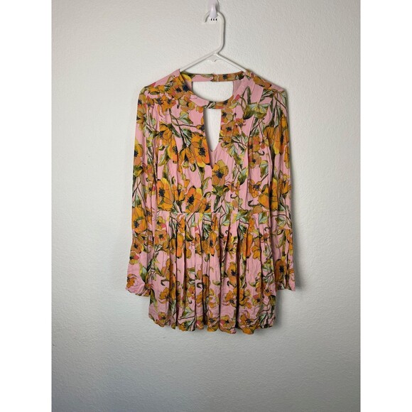 Free People Dress Womens Small Pink Yellow Floral Keyhole Long Sleeve Boho Mini - Picture 1 of 10
